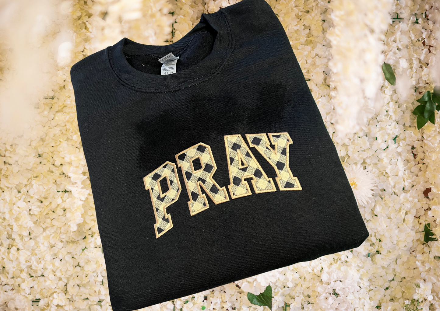 Sweatshirt - PRAY, Black & Taupe Check/Black