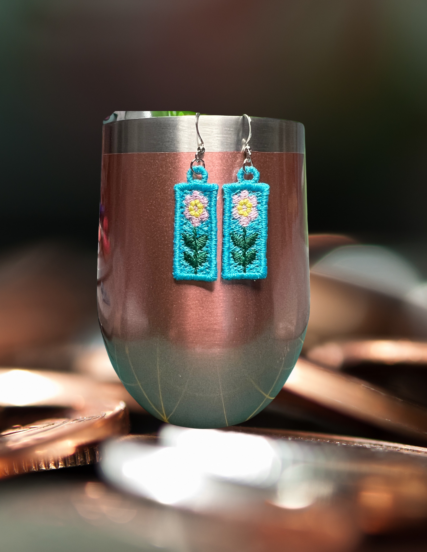 Earrings - Embroidered Pink Floral Bar