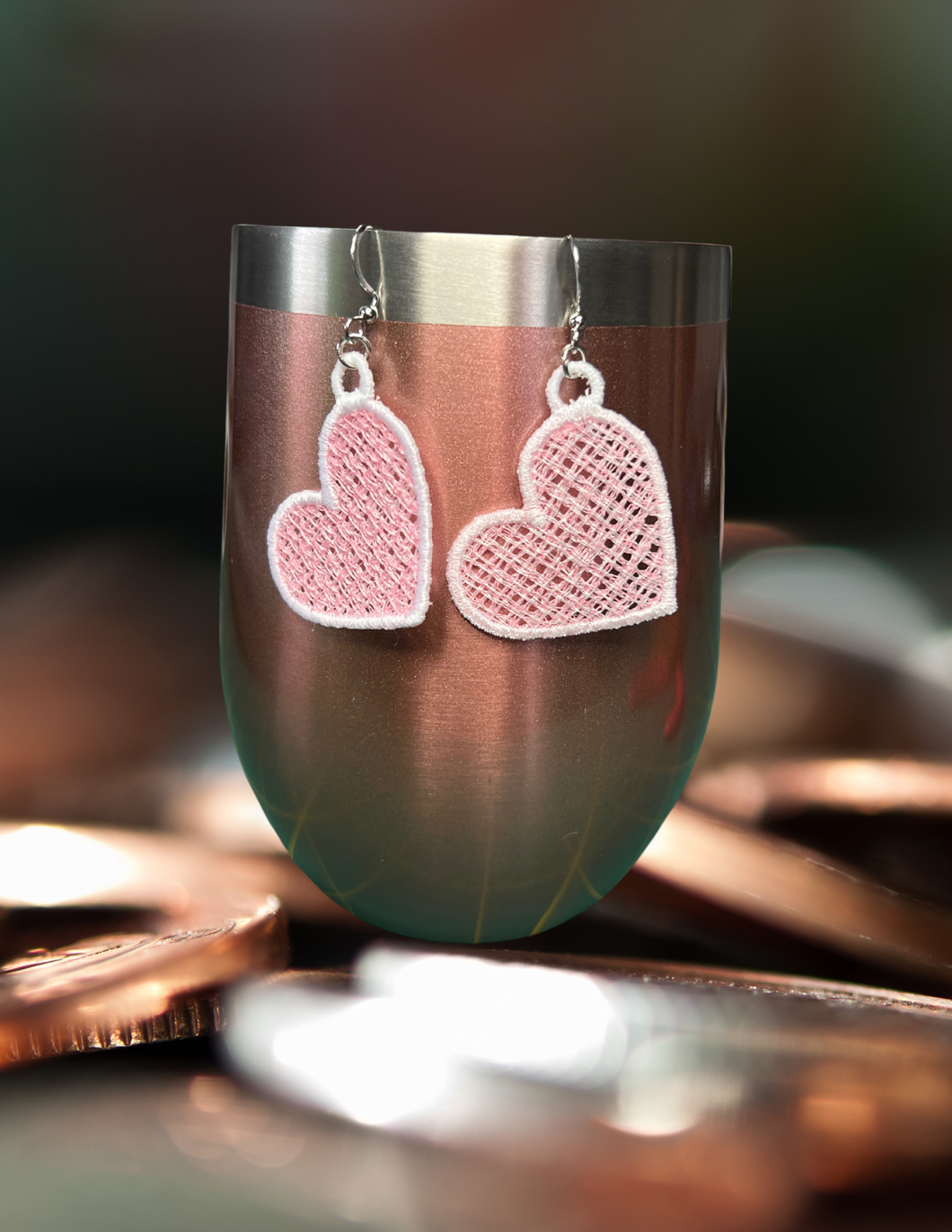 Earrings - Embroidered Pink Heart