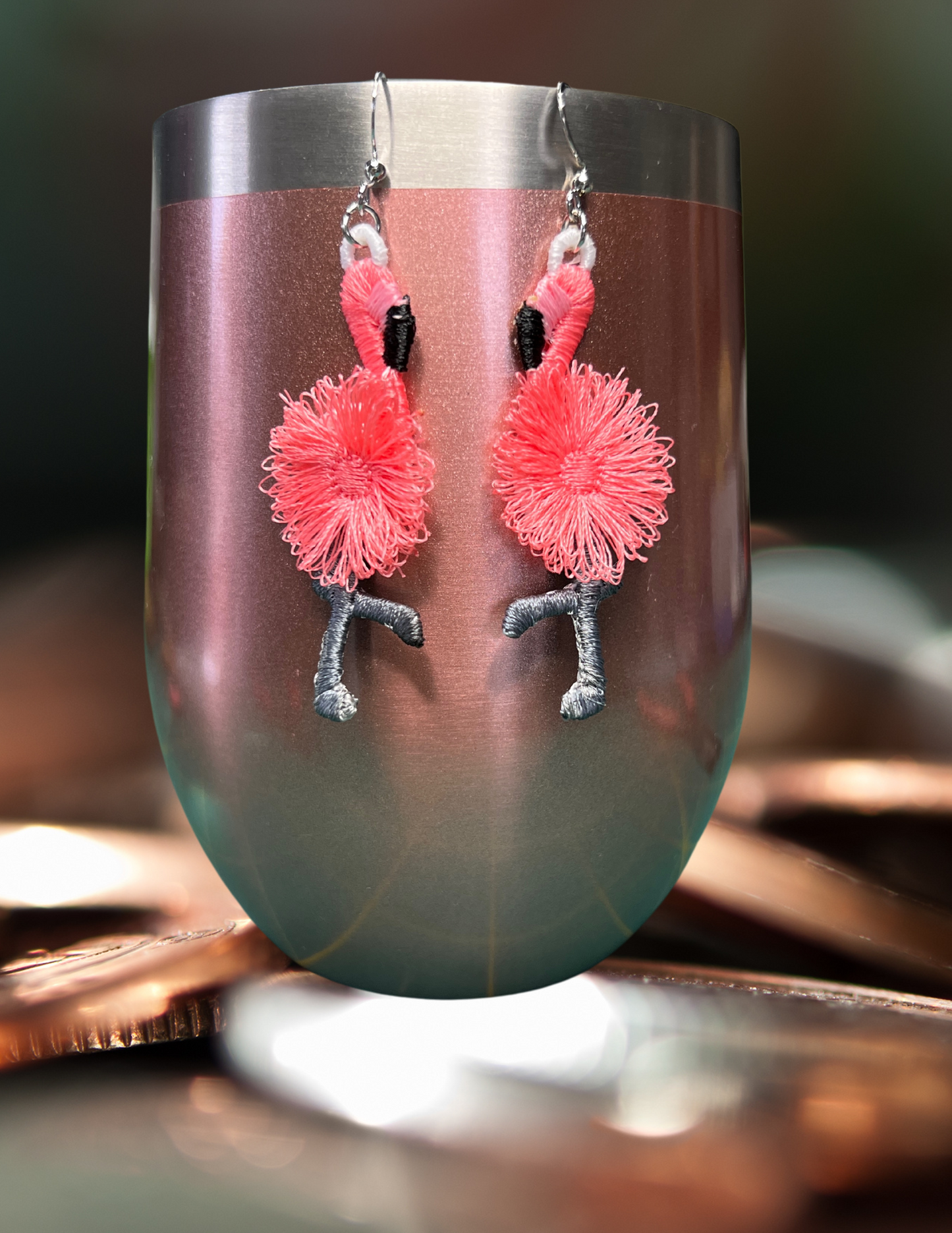 Earrings - Embroidered Flamingo