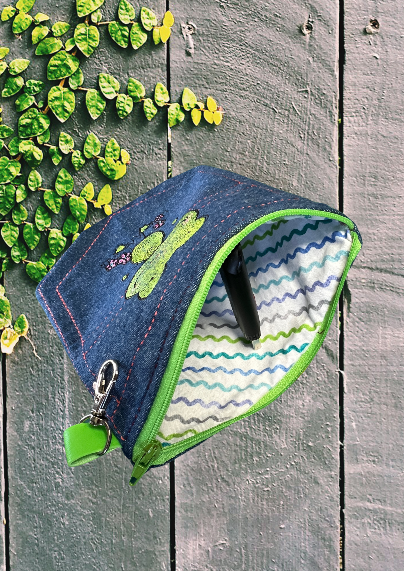 Denim Pocket with Frog, Green