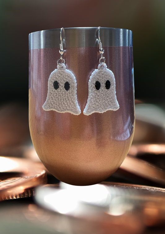 Earrings - Embroidered Ghost, White Small