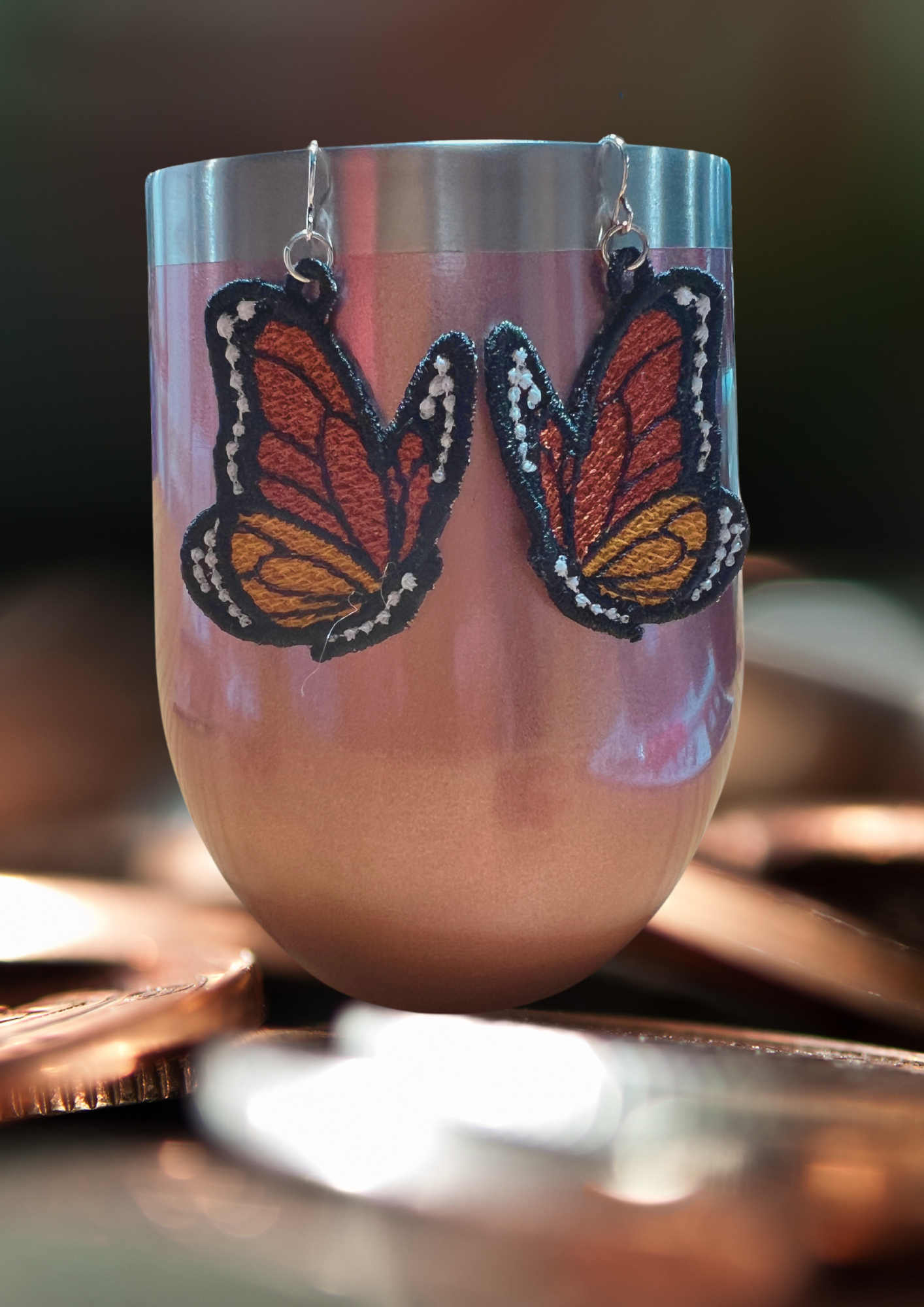 Earrings - Embroidered Monarch Butterflies