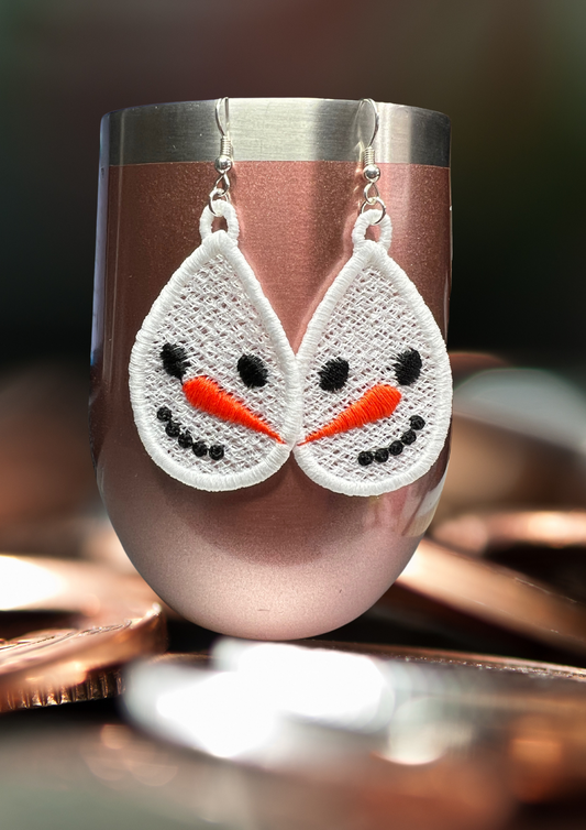 Earrings - Embroidered Snowman Teardrop