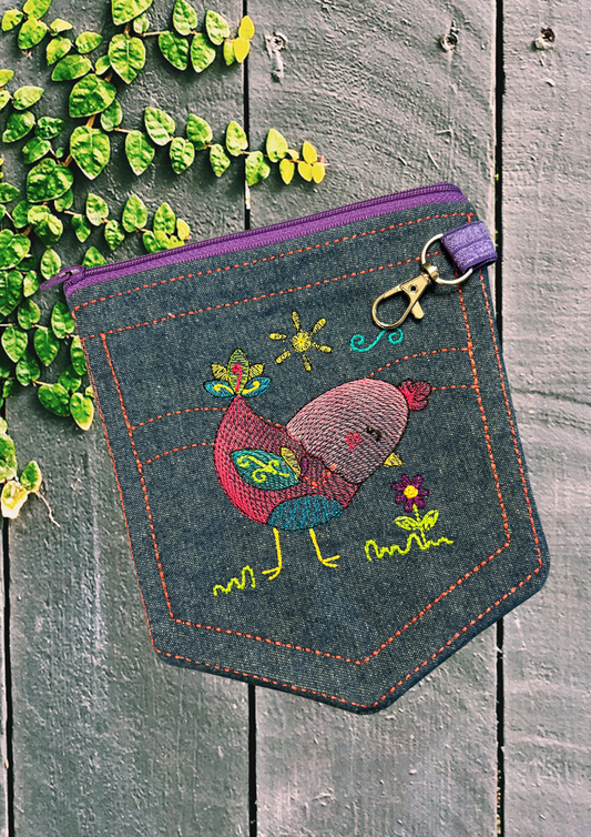 Denim Pocket with Chick, Purple