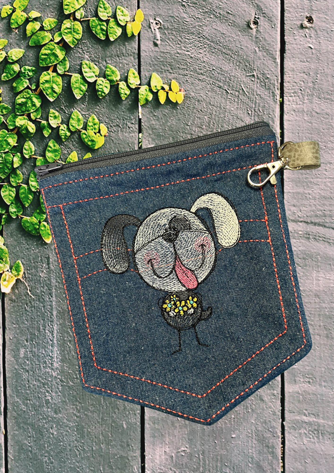 Denim Pocket with Dog, Gray