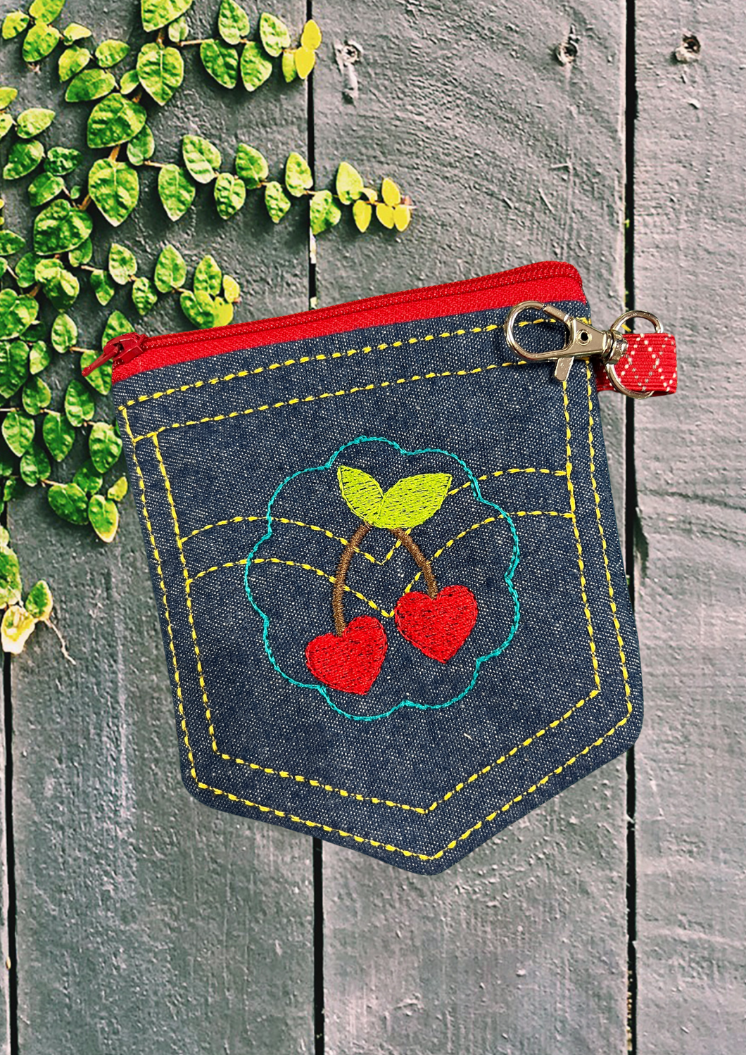 Denim Pocket with Cherries , Red