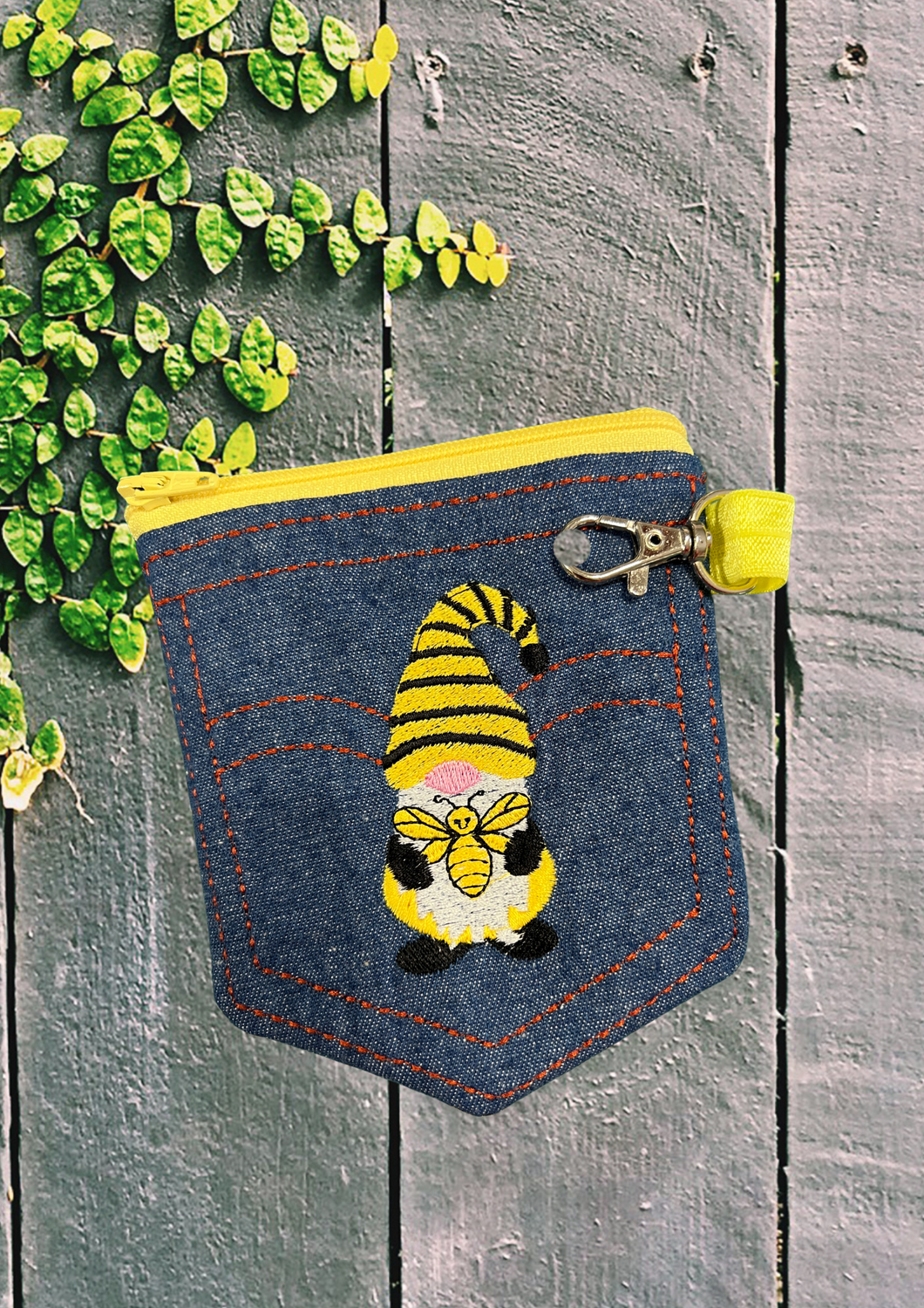 Denim Pocket with Bee Gnome , Yellow
