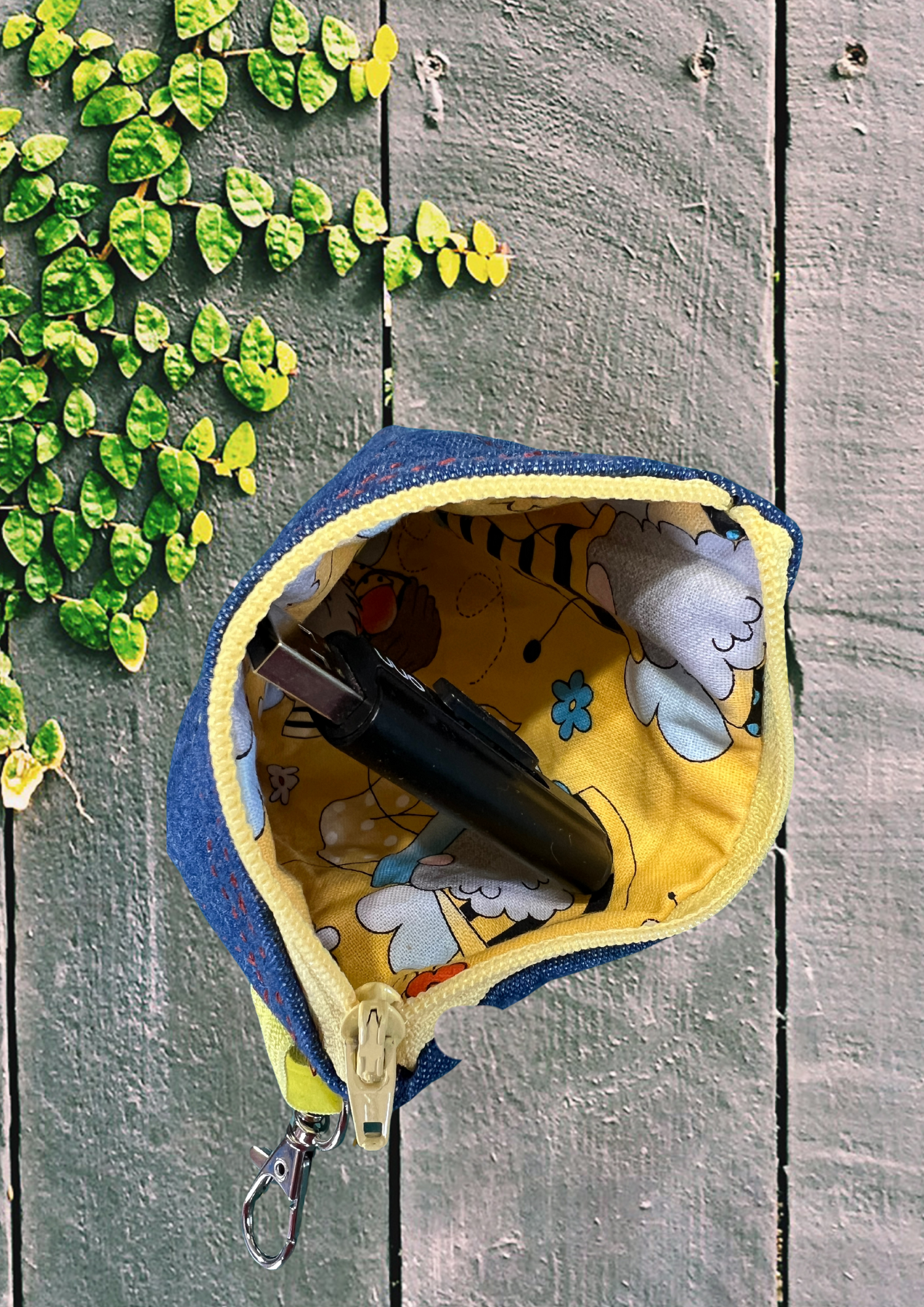 Denim Pocket with Bee Gnome , Yellow