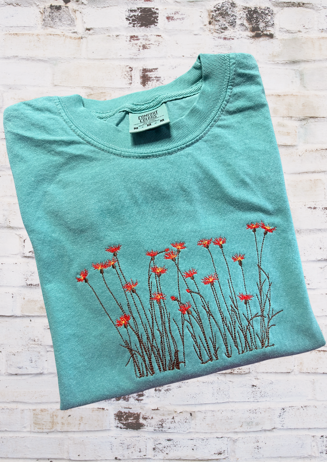 Short Sleeve Tshirt - Red Wildflowers, Seafoam