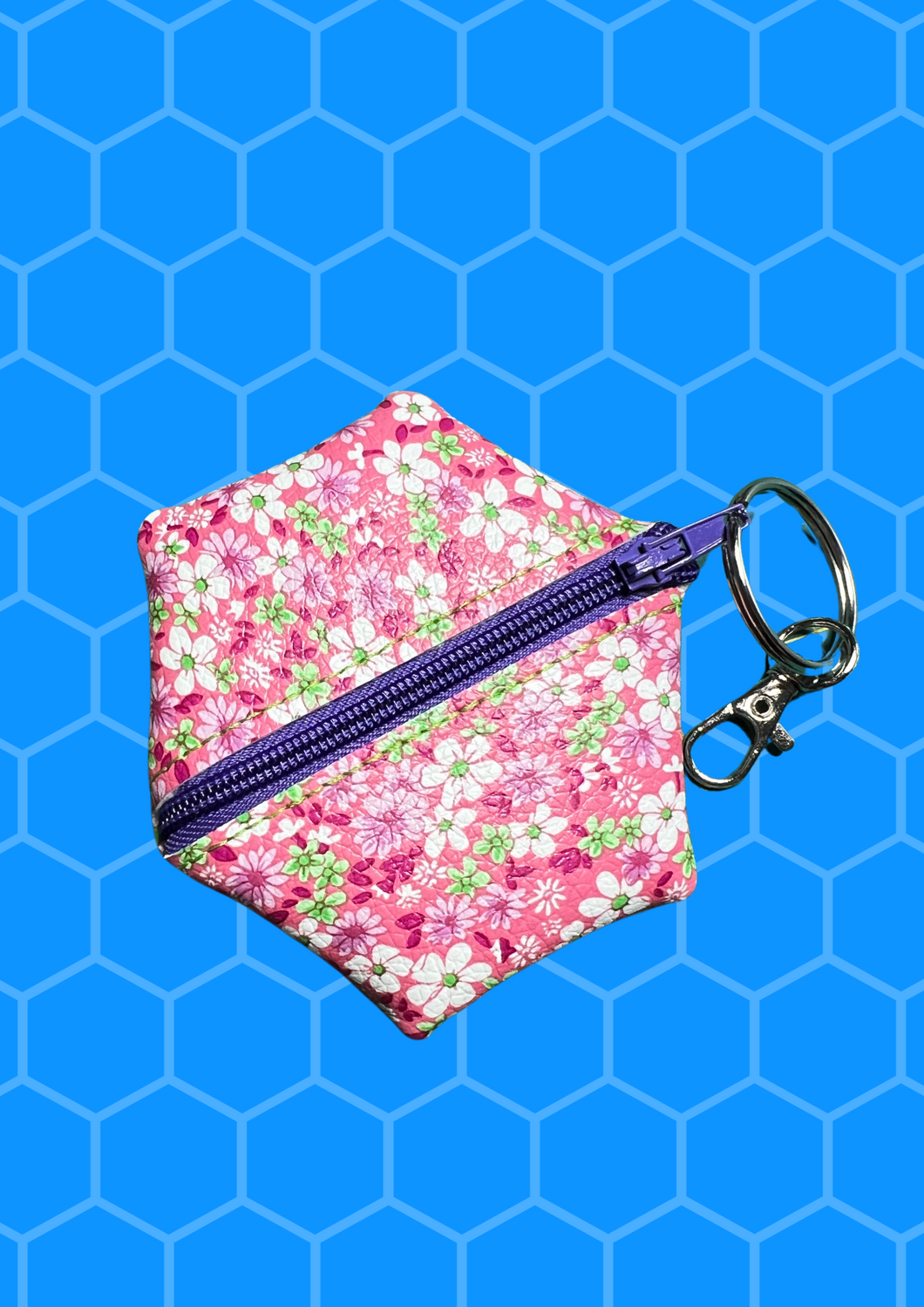 Coin Pouch, Key Fob - Pink Floral, Purple