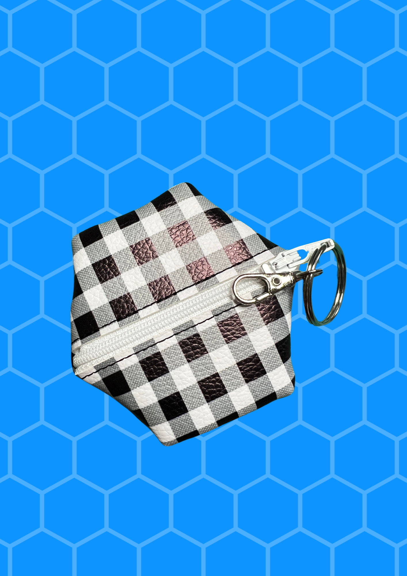 Coin Pouch, Key Fob - Black Check, White