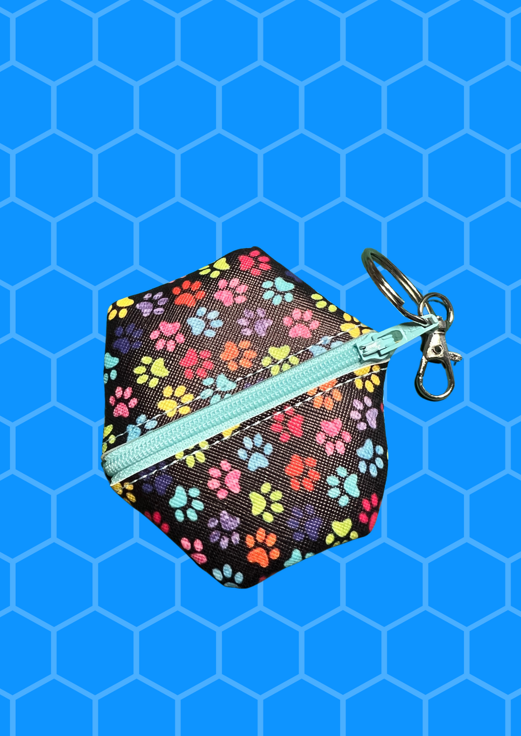 Coin Pouch, Key Fob - Multicolor Paw Print, Lt Blue