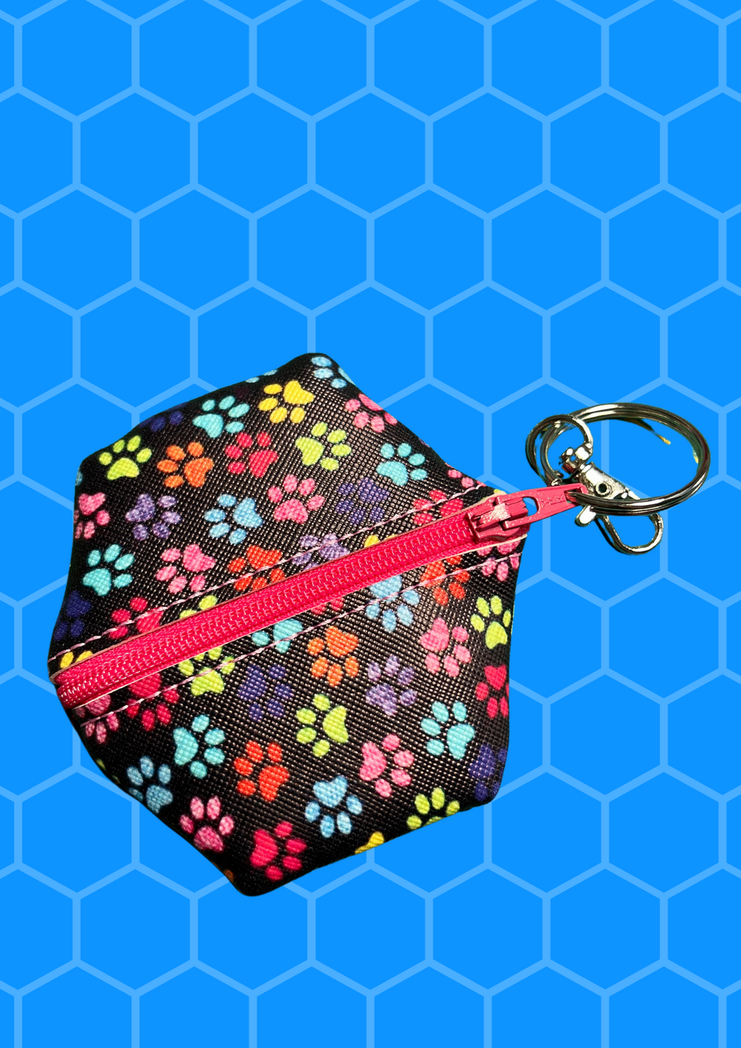 Coin Pouch, Key Fob - Multicolor Paw Print, Hot Pink