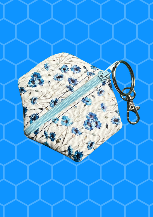 Coin Pouch, Key Fob - Blue Floral, Lt Blue