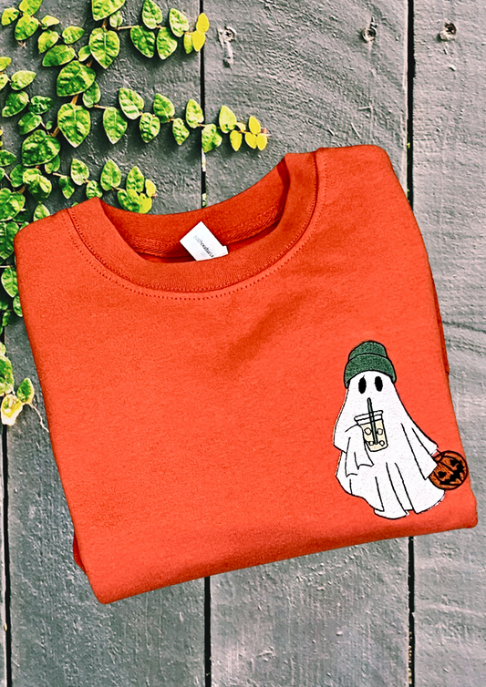 Sweatshirt - Ghost with Coffee, Burnt Orange, Sand, Steel Gray, Chocolate Brown