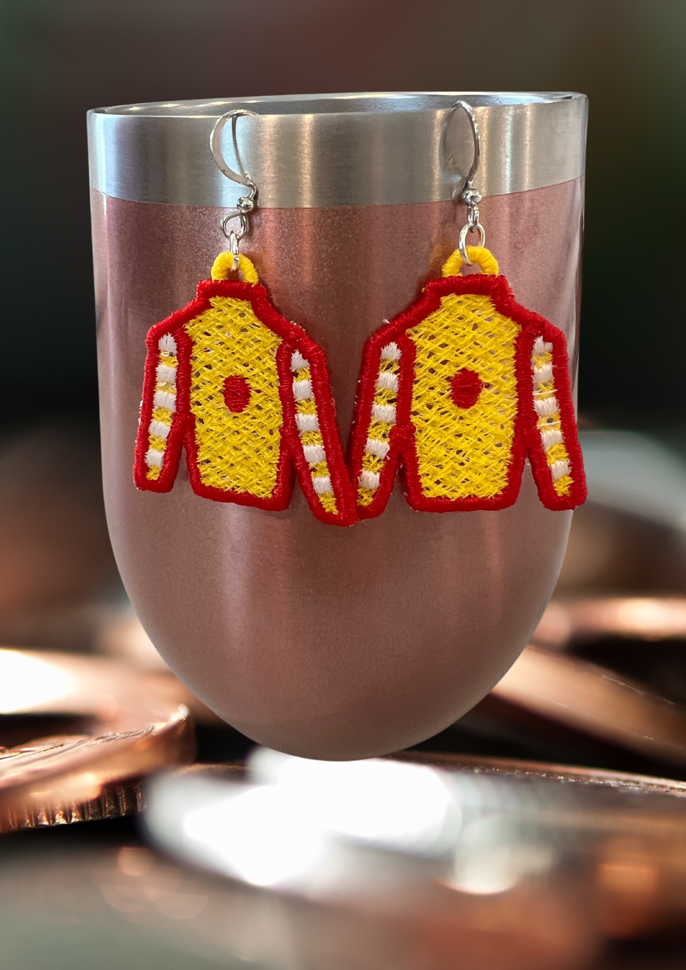 Earrings - Embroidered Jockey Silks, Yellow/Red