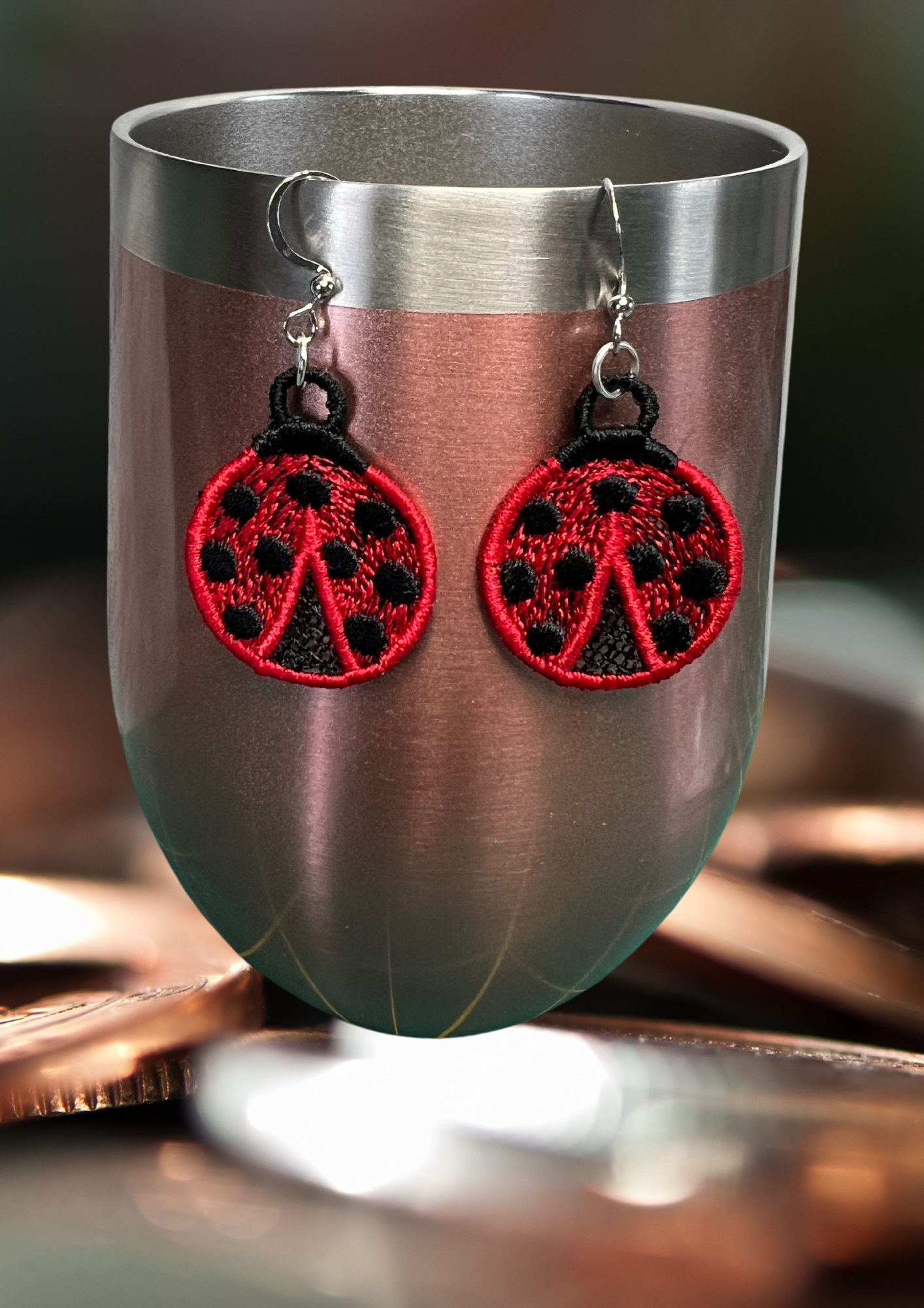 Earrings - Embroidered Ladybug