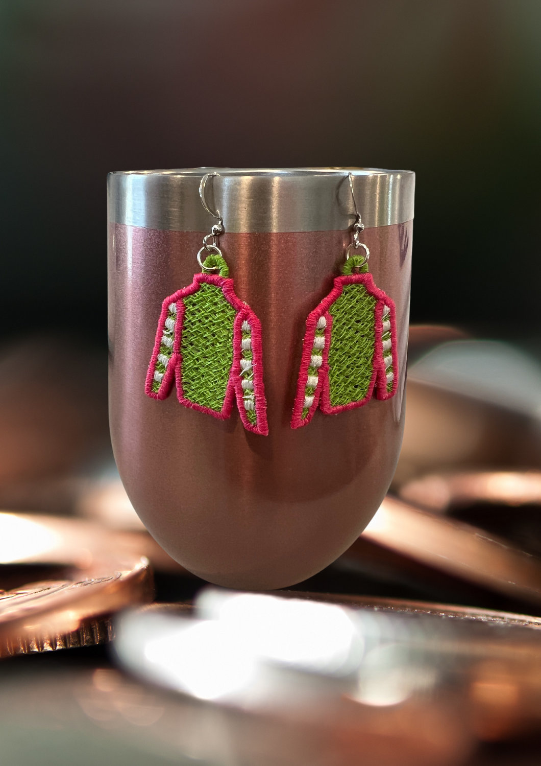 Earrings - Embroidered Jockey Silks, Lime/Pink