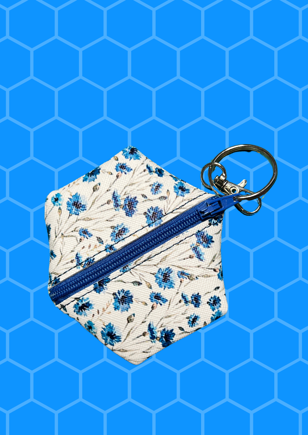 Coin Pouch, Key Fob - Blue Floral, Blue
