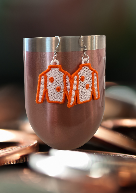 Earrings - Embroidered Jockey Silks, White/Orange