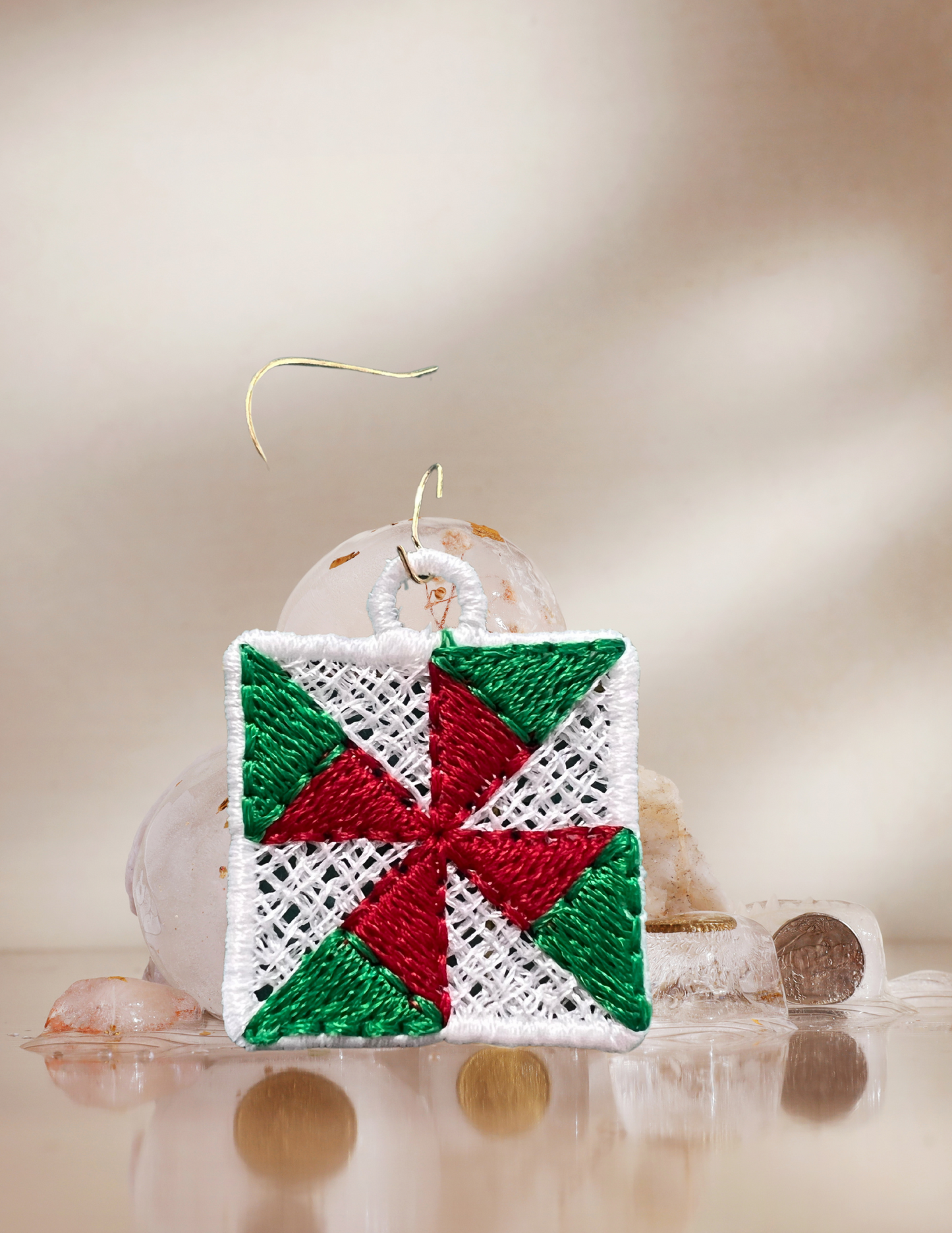 Earrings - Embroidered Christmas Quilt Block