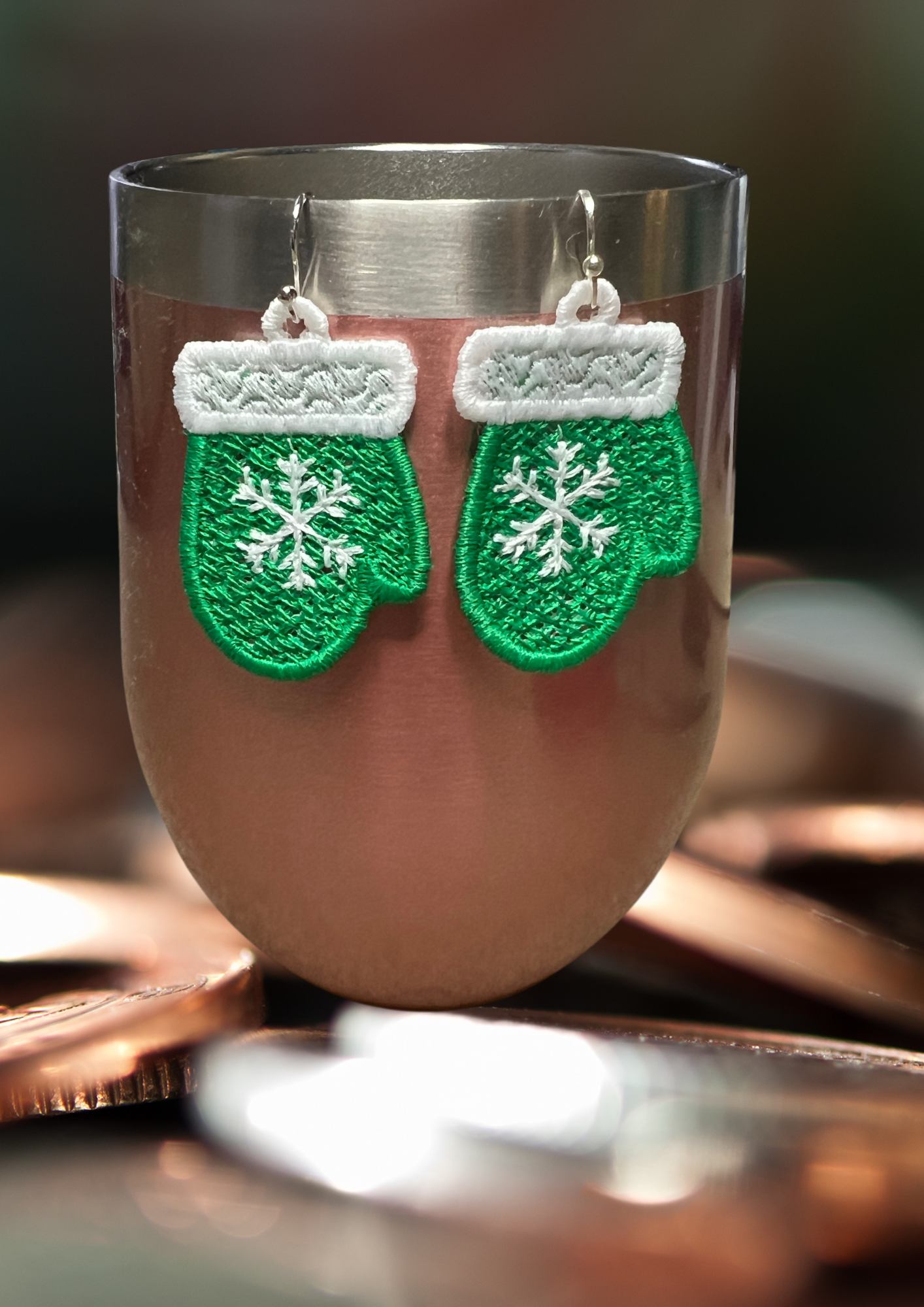 Earrings - Embroidered Mittens - Green