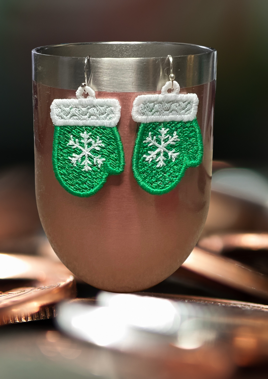 Earrings - Embroidered Mittens - Green