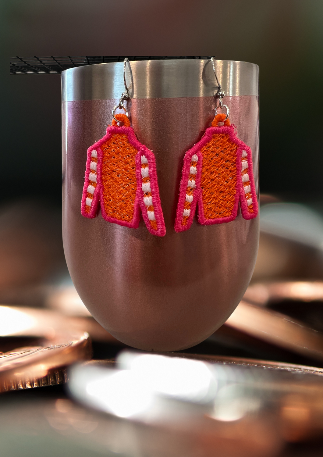 Earrings - Embroidered Jockey Silks, Pink/Orange