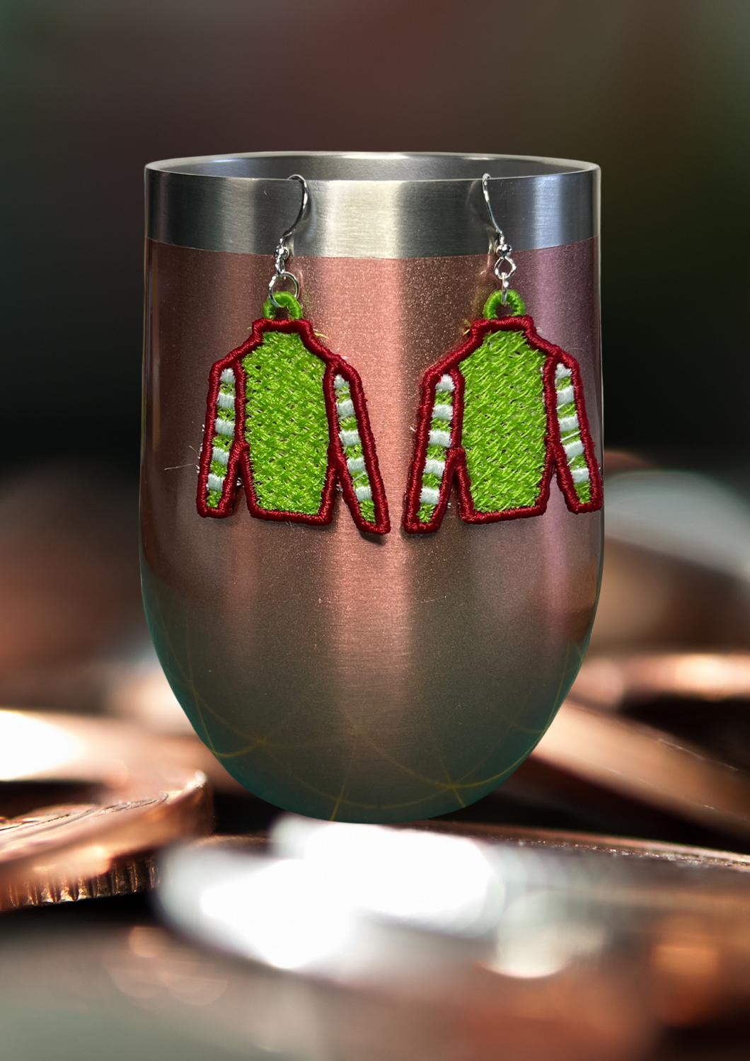 Earrings - Embroidered Jockey Silks, Red and Green