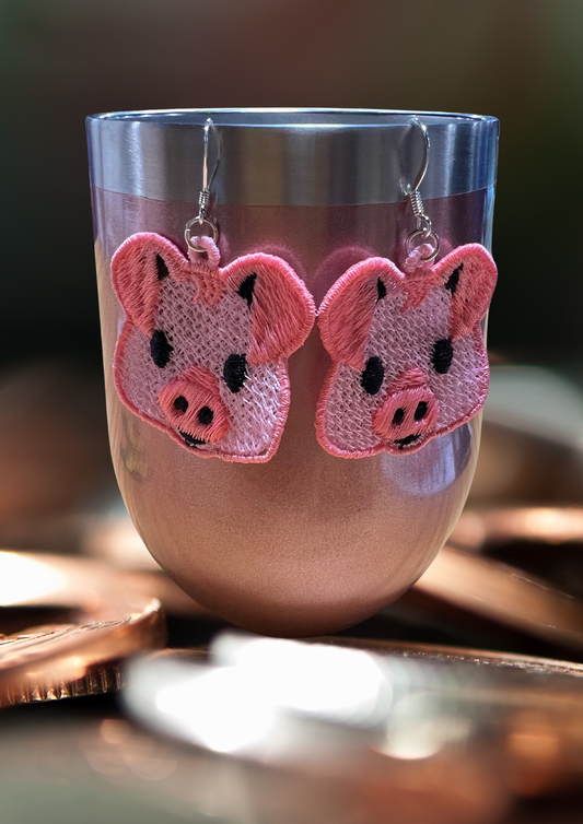 Earrings - Embroidered Piggy Face