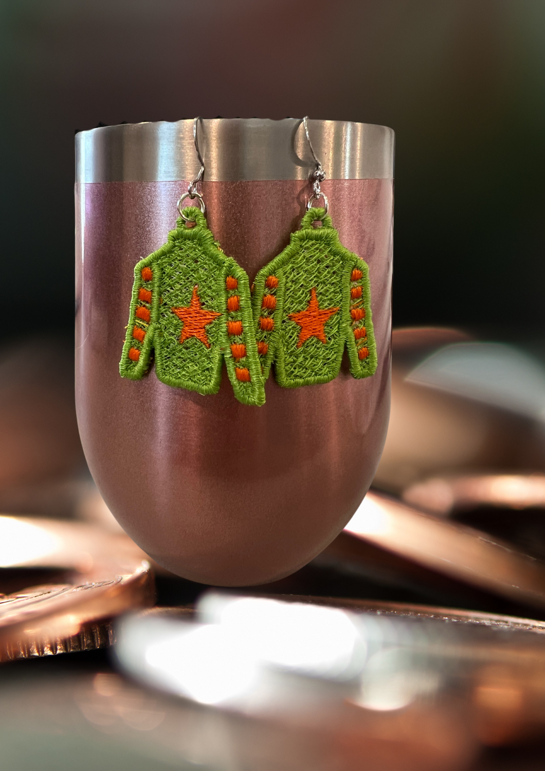 Earrings - Embroidered Jockey Silks, Lime/Orange