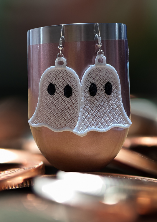 Earrings - Embroidered Ghost Large, White