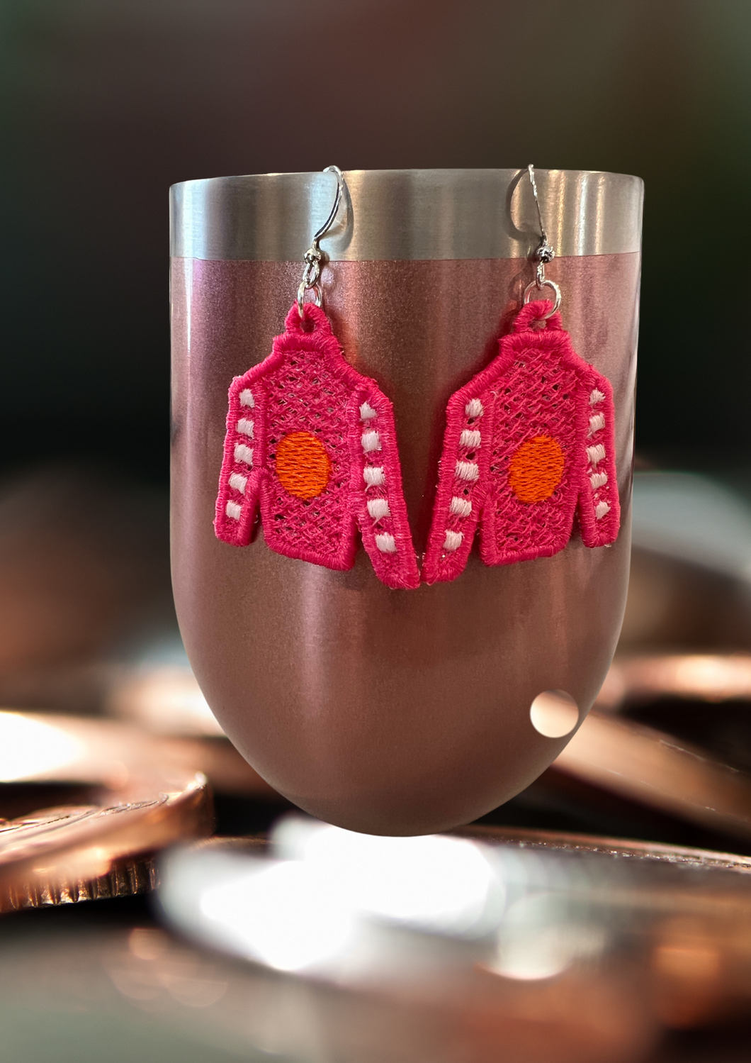 Earrings - Embroidered Jockey Silks, Pink/Orange Dot