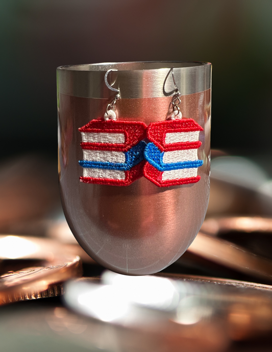 Earrings - Embroidered Books, Red/Blue