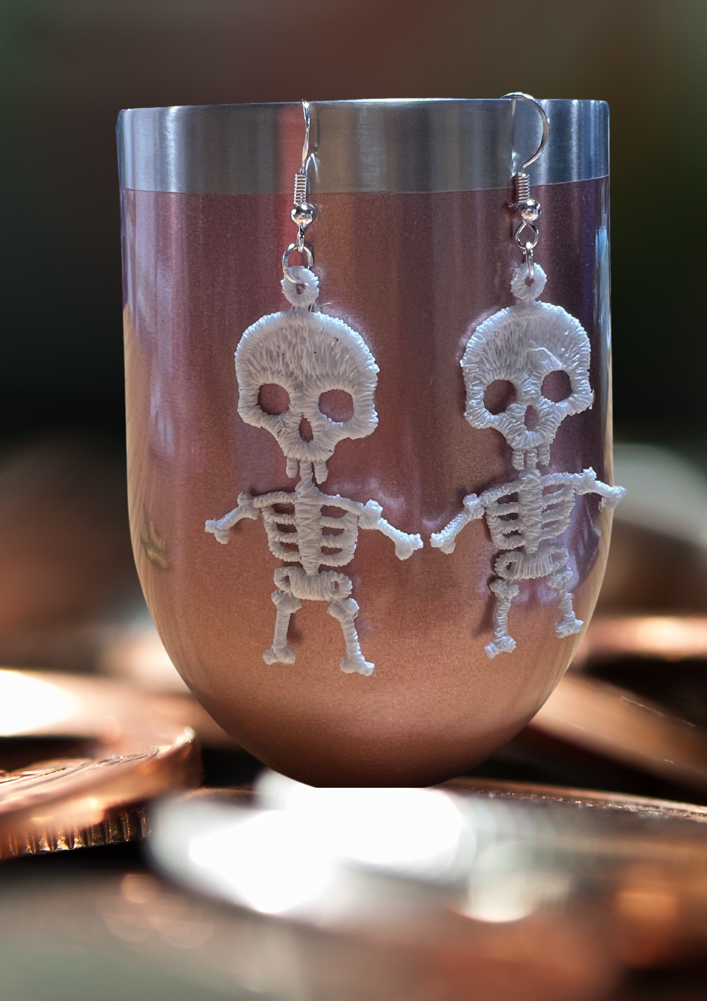 Earrings - Embroidered Skeleton, White