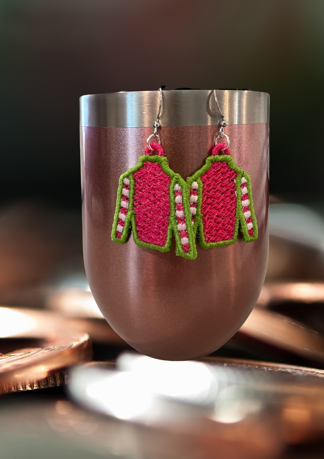 Earrings - Embroidered Jockey Silks, Pink/Lime
