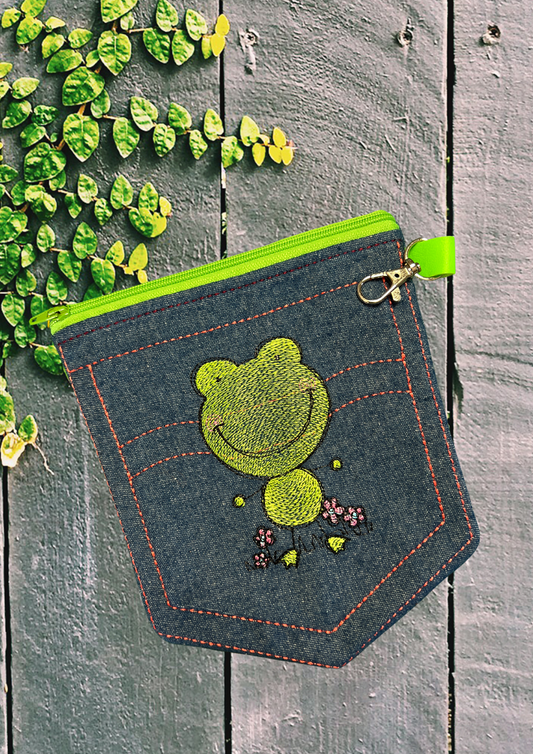 Denim Pocket with Frog, Green