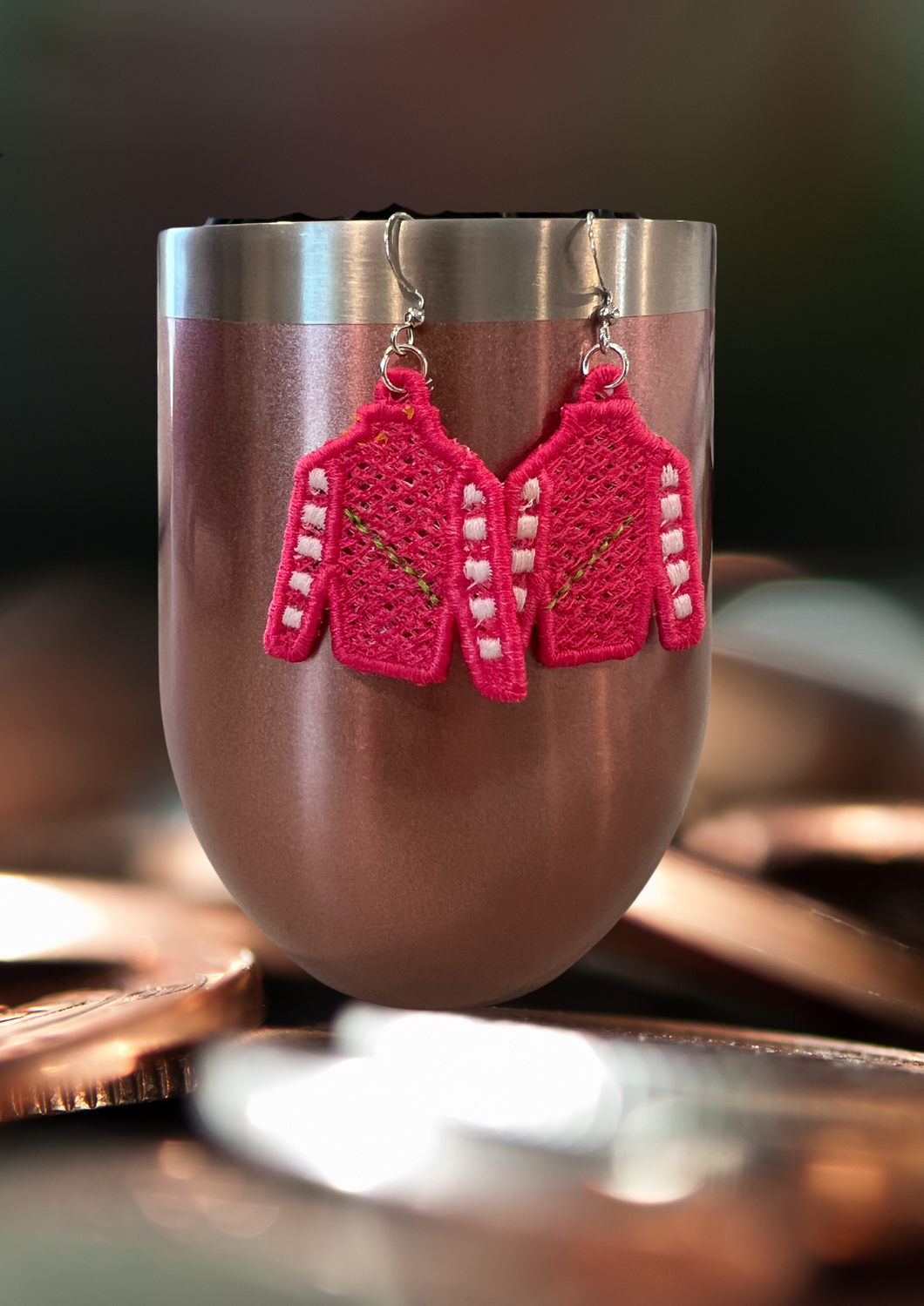 Earrings - Embroidered Jockey Silks, Lime/Pink Stripe
