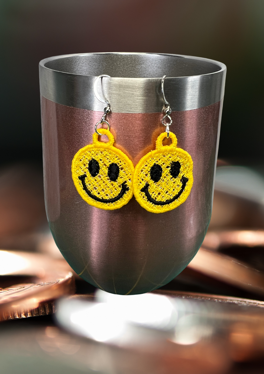 Earrings - Embroidered Smiley Face
