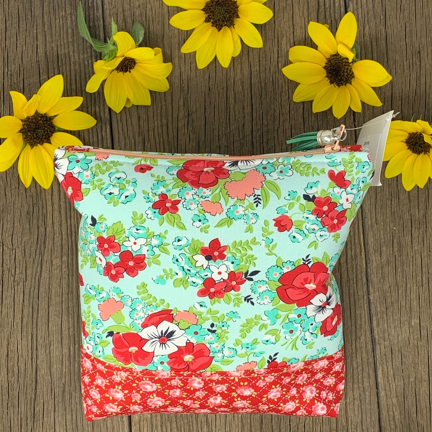 Zipper Bag - Red Aqua Floral, Medium