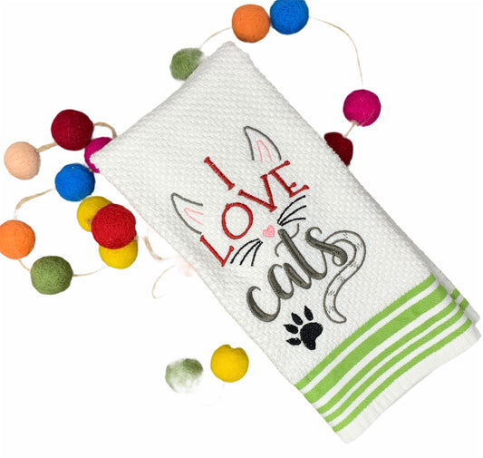 Kitchen Towel - I Love Cats Green