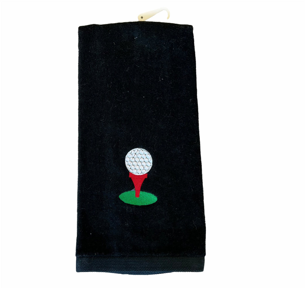 Golf Towel - Black with Embroidered Ball & Tee