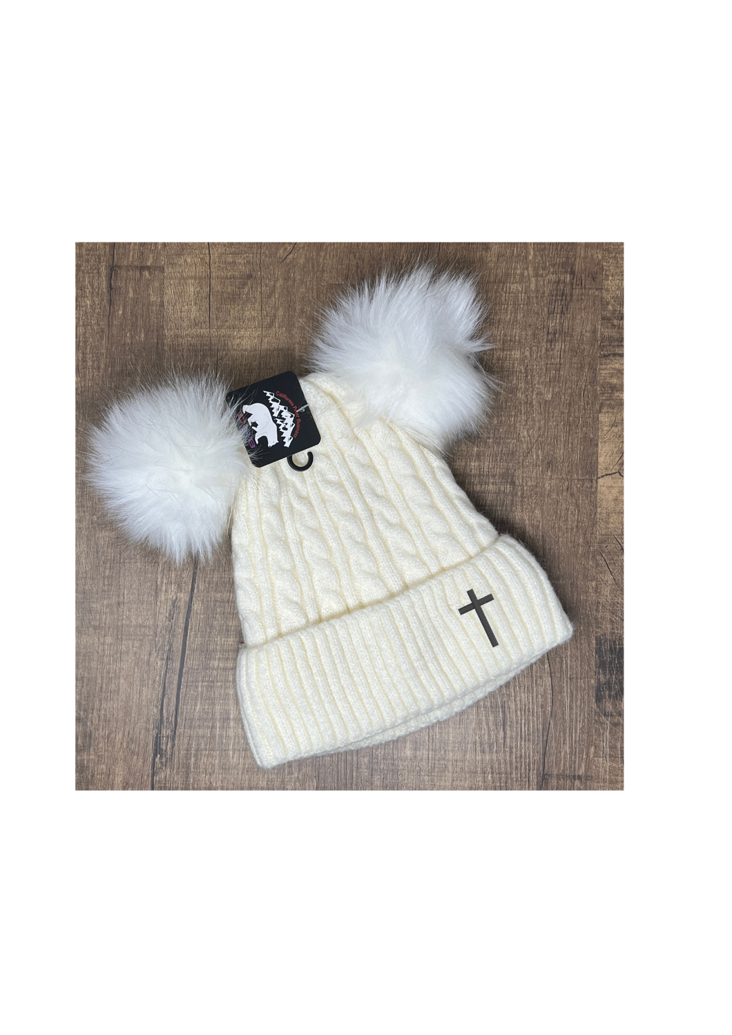 Toboggan - Cream with embroidered cross, double puff ball