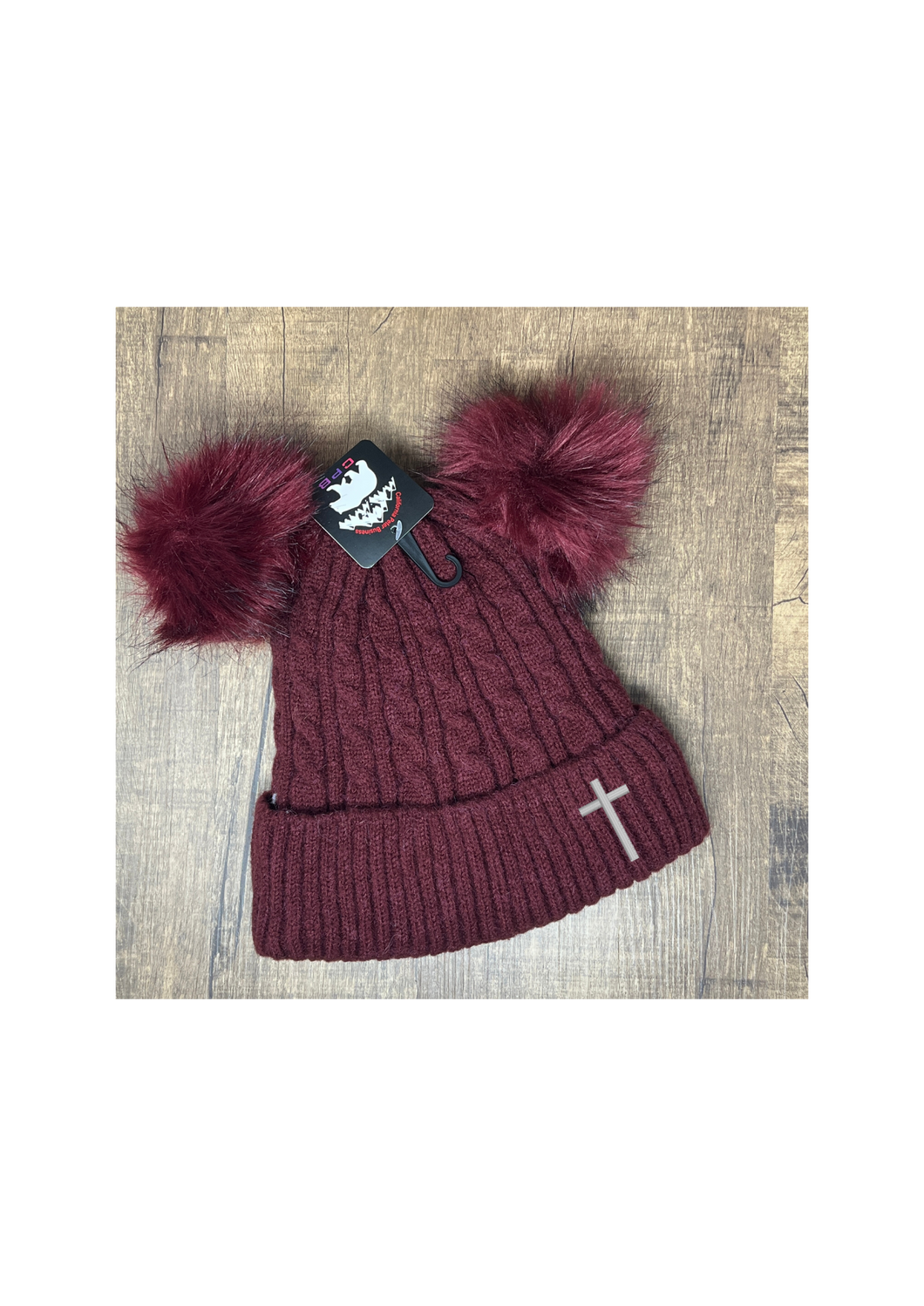 Toboggan -Cranberry with embroidered cross, double puff ball
