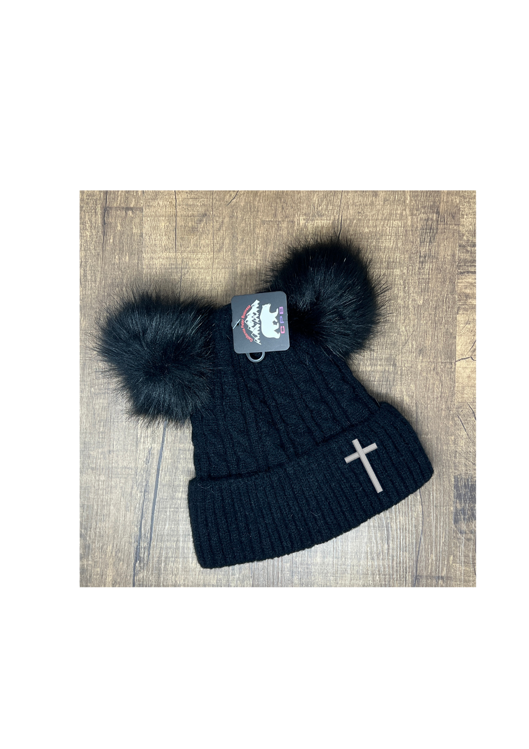 Toboggan - Black with embroidered cross, double puff ball