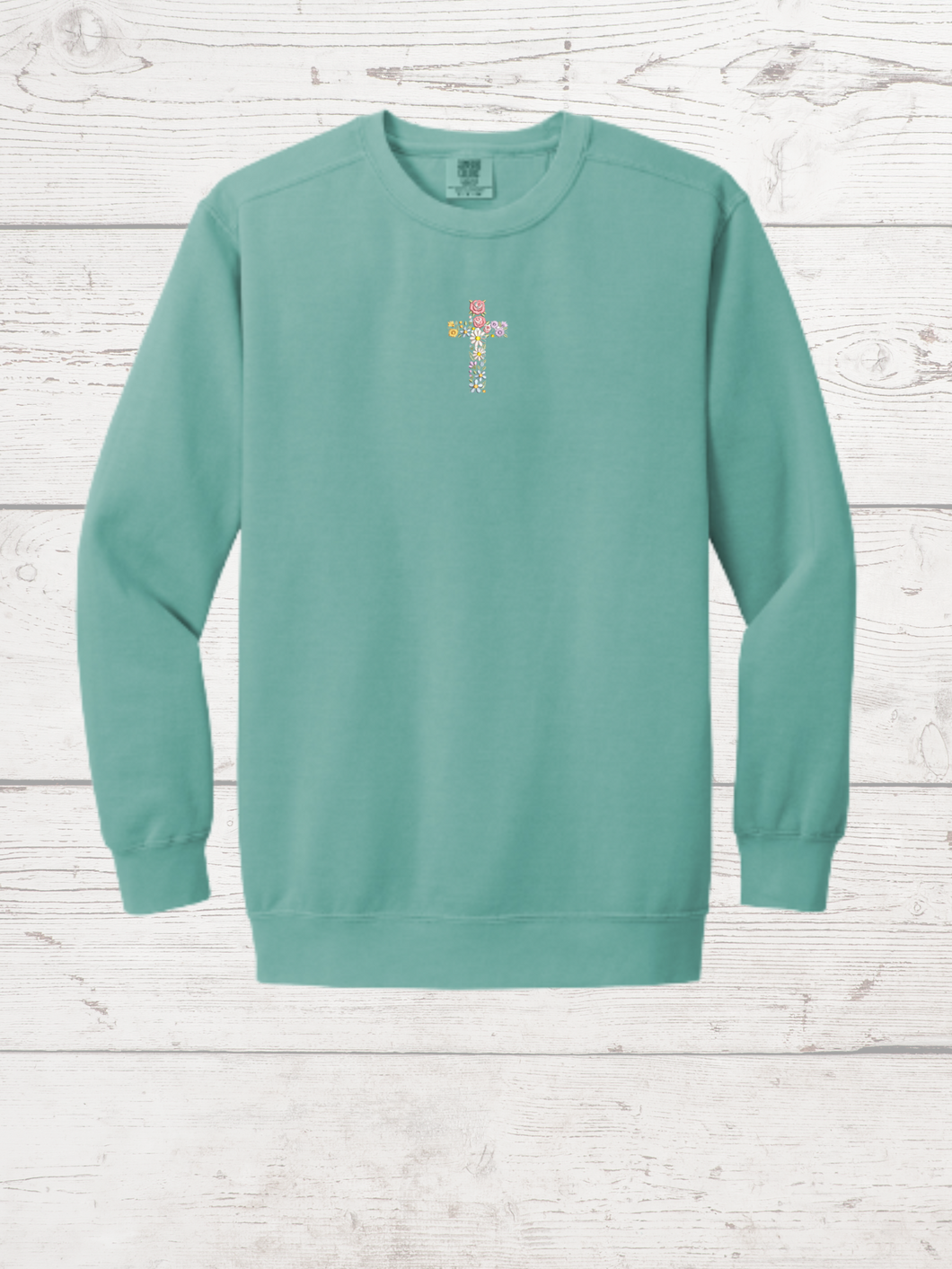 Embroidered Cross Sweatshirt-Unisex Adult, Comfort Colors, Seafoam