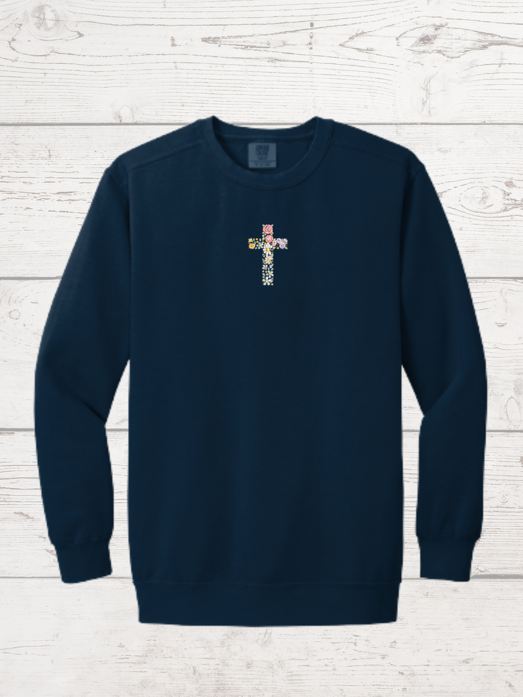Embroidered Cross Sweatshirt-Unisex Adult, Comfort Colors, True Navy