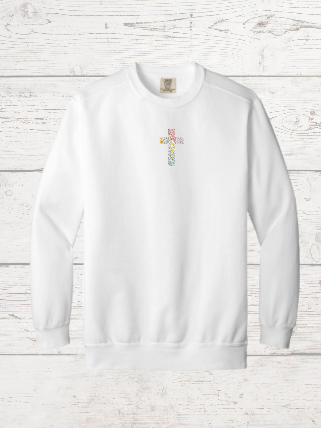 Embroidered Cross Sweatshirt-Unisex Adult, Comfort Colors, White
