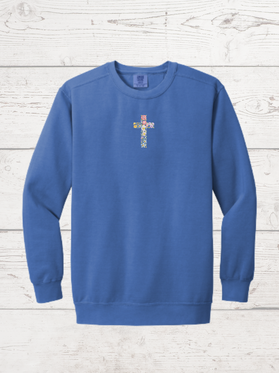 Embroidered Cross Sweatshirt-Unisex Adult, Comfort Colors, Flo Blue